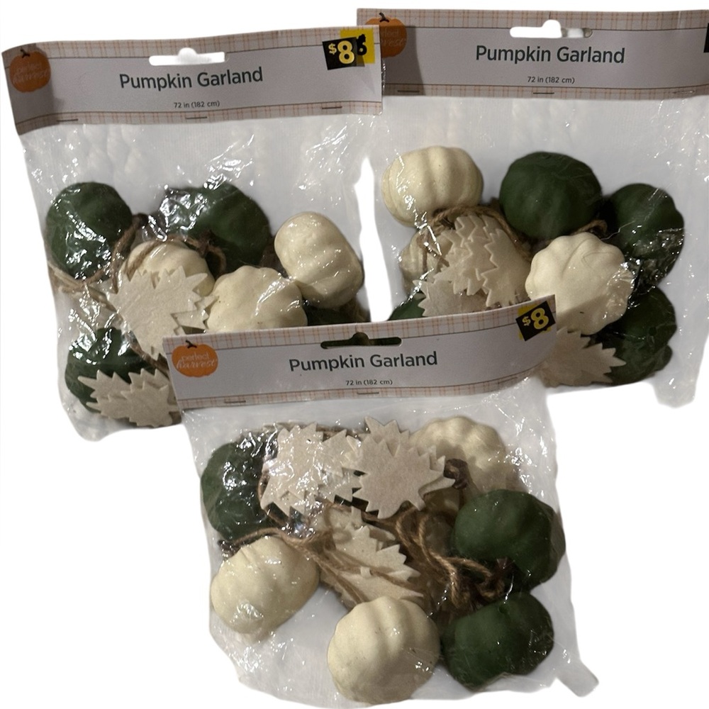 3 Sets of Pumpkin Garland with leaves 6 feet each White & Green Fall Decor NEW